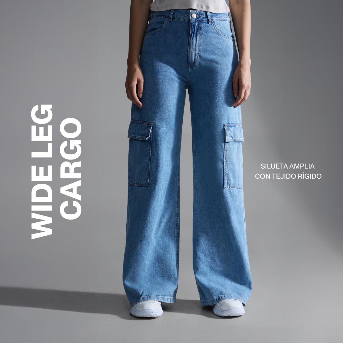 Jeans Wide Leg Cargo, Azul, hi-res