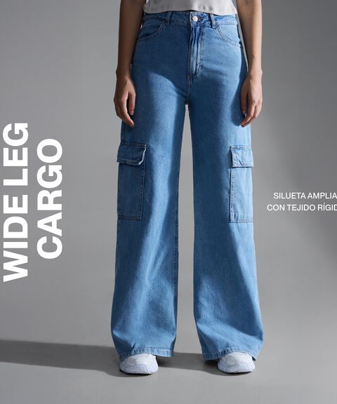 Jeans Wide Leg Cargo, Negro, hi-res