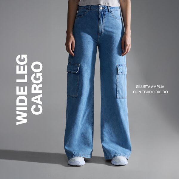 Jeans Wide Leg Cargo, Azul, hi-res