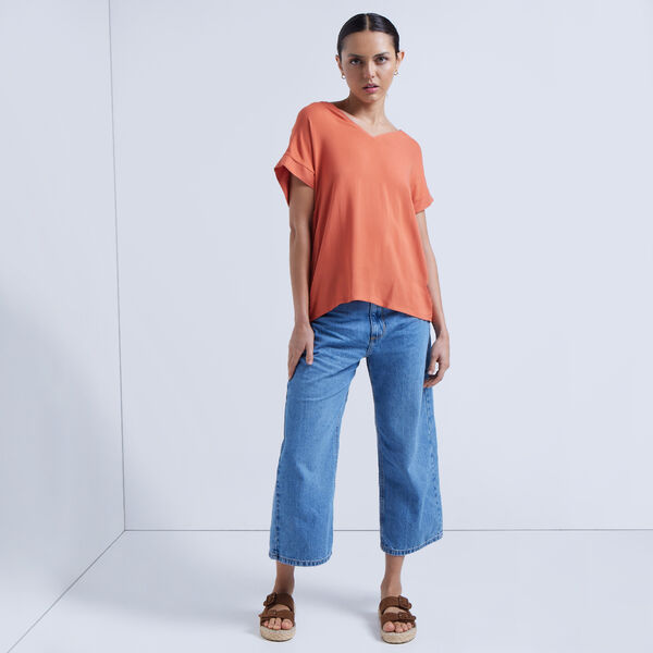 Blusa Manga Corta Con Escote En V, Terracota, hi-res