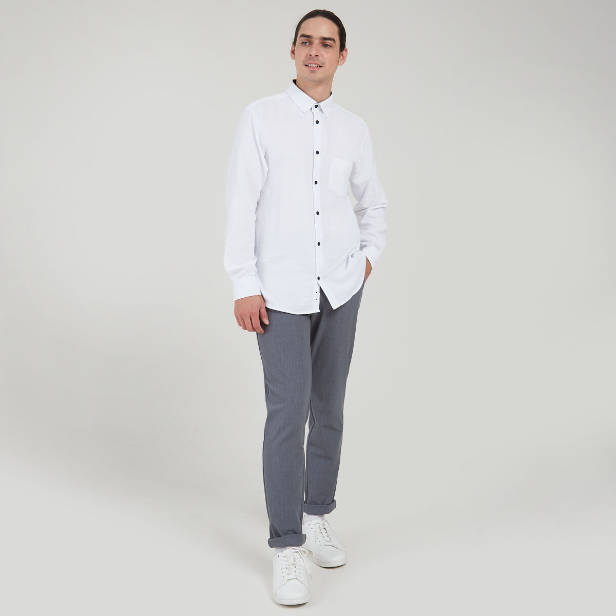 Camisa Manga Larga Con Button Down, Blanco, hi-res