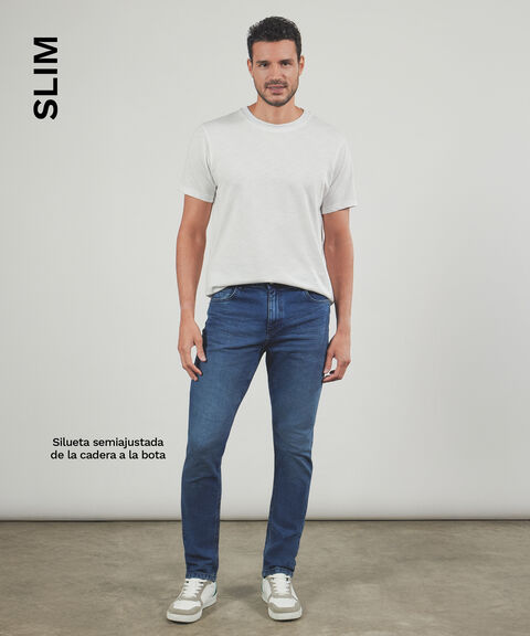 Jean Slim Con Desgastes, Azul, hi-res