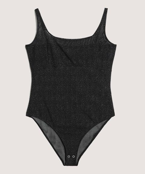 Body Brillante con Escote Cuadrado, Negro, hi-res